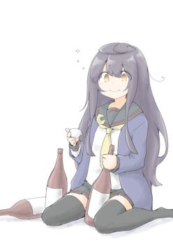 Rule 34 | 1girl, ahoge, akara kai, black hair, black skirt, black thighhighs, blue jacket, blush, bottle, cosplay, crescent, cup, drunk, hair between eyes, highres, jacket, kantai collection, long hair, long sleeves, mikazuki (kancolle), neckerchief, sake bottle, satsuki (kancolle), satsuki kai ni (kancolle), satsuki kai ni (kancolle) (cosplay), school uniform, serafuku, simple background, sitting, skirt, smile, solo, thighhighs, white background, yellow eyes, yellow neckerchief