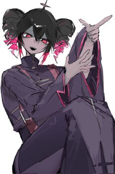 Rule 34 | 1girl, ahoge, collared robe, drill hair, finger gun, grey robe, hair between eyes, hands up, highres, index finger raised, kasane teto, long sleeves, open mouth, q&amp;a (utau), red eyes, red hair, robe, short hair, smile, solo, teeth, twin drills, ummwa, upper teeth only, utau, wide sleeves