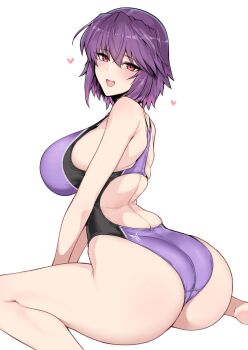 1girl absurdres ass back bare_shoulders breasts commentary_request hair_between_eyes halcon highleg highleg_one-piece_swimsuit highres large_breasts looking_at_viewer looking_back one-piece_swimsuit original purple_hair purple_one-piece_swimsuit red_eyes shiori_(halcon) short_hair sidelocks simple_background sitting solo swimsuit translation_request wariza white_background