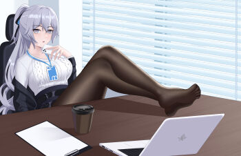 1girl absurdres black_coat black_pantyhose blue_skirt breasts bronya_zaychik bronya_zaychik_(outstanding_attitude) bronya_zaychik_(silverwing:_n-ex) chair chinese_commentary coat commentary_request feet_on_table grey_eyes grey_hair grey_sweater highres holding holding_phone honkai_(series) honkai_impact_3rd indoors large_breasts long_hair looking_at_viewer no_shoes office office_lady official_alternate_costume on_chair pantyhose phone shuaishousha sitting skirt soles solo sweater swivel_chair toes very_long_hair