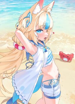 Rule 34 | 1girl, ahoge, animal ears, armpit focus, armpits, arms behind back, beach, belt, bikini, blue bikini, blue eyes, blue streaks, blush, cat ears, commentary, crab, dress, fang, fins, fish girl, fish tail, gurumie, heart, highleg, highleg bikini, highres, indie virtual youtuber, kaniki (sameko saba), lifebuoy hair ornament, long hair, looking at viewer, low twintails, multicolored hair, navel, ocean, open clothes, open dress, open mouth, presenting armpit, revision, sameko saba, sand, short shorts, shorts, side-tie bikini bottom, skin fang, sleeveless, sleeveless dress, solo, streaked hair, sweat, swimsuit, tail, twintails, variant set, very long hair, virtual youtuber, water, wet, white dress, white shorts
