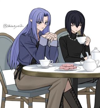 2girls artist_name black_boots black_hair black_shirt blue_hair blue_jacket boots chair closed_eyes closed_mouth collared_jacket commentary_request cup drinking_glass elbow_rest fate/stay_night fate_(series) food grey_skirt holding holding_cup interlocked_fingers jacket jewelry kuonji_alice lace-up_boots long_hair long_sleeves looking_down macaron mahou_tsukai_no_yoru medea_(caster)_(fate) medea_(casual_wear)_(fate) medea_(fate) multiple_girls necklace on_chair open_clothes open_jacket own_hands_together parted_lips pitcher_(container) plate round_table saucer shintyoi2 shirt short_hair signature simple_background sitting skirt spoon table tea teacup teapot turtleneck turtleneck_shirt twitter_username type-moon white_background