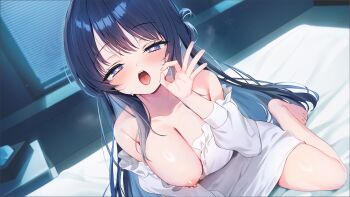 1girl barefoot bed bed_sheet black_hair blue_hair blush breasts cleavage collarbone colored_inner_hair feet heart heart-shaped_pupils highres large_breasts long_hair looking_at_viewer multicolored_hair natsuki_marina night nightgown nipples on_bed one_breast_out original purple_eyes sidelocks sitting solo symbol-shaped_pupils tissue_box toes two-tone_hair wariza white_nightgown window window_blinds