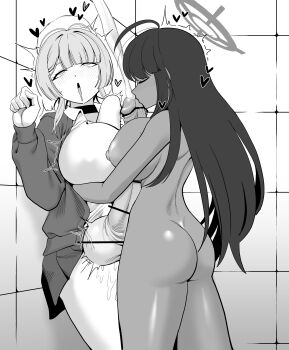 2futa absurdres blue_archive breast_press clothed_female_nude_female cum cum_in_pussy dark-skinned_female dark_skin deep_penetration ejaculating_while_penetrated ejaculation full-package_futanari futa_with_futa futanari heart highres huge_penis huge_testicles interracial itokonoue_kaoru karin_(blue_archive) multiple_futa nude penis project_kv sex standing_missionary standing_sex stomach_bulge sweat tekkin_papa testicles vaginal