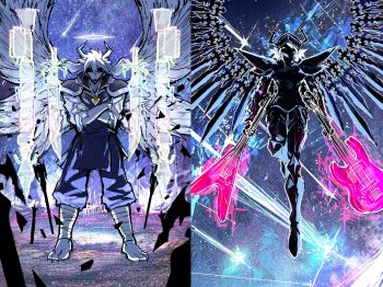 1boy 1girl angel_wings armor asriel_dreemurr asriel_dreemurr_(god_of_hyperdeath) black_vs_white crossed_arms december_holiday deltarune floating floating_object floating_sword floating_weapon flying glowing glowing_sword glowing_weapon goat_boy goat_horns guitar heart heart_necklace heartbreak_juan highres horns instrument jewelry necklace red_eyes roaring_knight split_screen star_(sky) sword sword_wing undertale utdr_(toby_fox) weapon white_hair wings