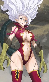 1girl blue_eyes breasts brown_background cleavage_cutout clothing_cutout commentary cracked_skin demon_girl fairy_tail gaston18 gauntlets gold_trim highres large_breasts leotard lizard_tail long_hair mirajane_strauss navel parted_lips pointy_ears red_leotard red_lips revealing_clothes scales stomach stomach_cutout symbol-only_commentary tail white_hair