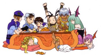 Rule 34 | 1990s (style), 6+girls, animal print, anklet, arms up, barefoot, bat print, beret, black gloves, blue sailor collar, bracelet, bridal gauntlets, bun cover, capcom, cat, chun-li, closed eyes, crossover, crown, cushion, cyberbots, dark-skinned female, dark skin, darkstalkers, demon girl, devilot de deathsatan ix, earrings, elena (street fighter), feet, felicia (cat) (darkstalkers), felicia (darkstalkers), fingerless gloves, food, fruit, gloves, hat, head wings, headband, highres, ibuki (street fighter), jewelry, jill valentine, kasugano sakura, kotatsu, lilith (darkstalkers), mandarin orange, morrigan aensland, multiple crossover, multiple girls, ninja, nishimura kinu, open mouth, pantyhose, peeling, photoshop (medium), print legwear, puffy short sleeves, puffy sleeves, reaching, resident evil, retro artstyle, sailor collar, school uniform, serafuku, short sleeves, simple background, sitting, sleeping, soles, spiked bracelet, spikes, street fighter, stretching, table, toes, very dark skin, white background, wings, zabuton