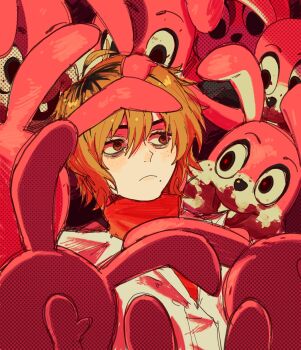 1girl bags_under_eyes black_roots blonde_hair blood blood_on_face brown_eyes closed_mouth creepy_eyes frown hair_between_eyes heather_mason highres horror_(theme) jacket messy_hair mole mole_under_mouth red_pupils robbie_the_rabbit senranx silent_hill_(series) silent_hill_3 upper_body white_jacket