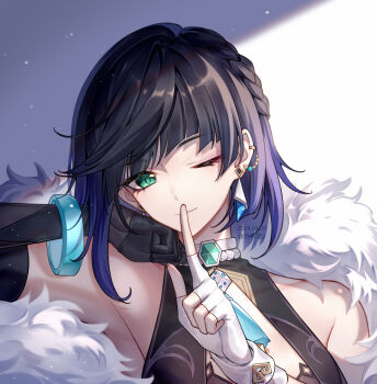 Rule 34 | 1girl, armpits, asymmetrical gloves, braid, chenjiyan y, commentary request, dice, earrings, finger to mouth, genshin impact, gloves, green eyes, highres, index finger raised, jewelry, looking at viewer, mismatched gloves, one eye closed, short hair, sidelighting, solo, yelan (genshin impact)