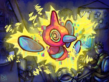 2boys :t analog_clock bulletin_board cactus chair cinnawas clock closed_mouth commentary computer cup desk dudunsparce eating electricity english_commentary food gen_4_pokemon glitch highres holding holding_food indoors larry_(pokemon) long_sleeves monitor mug multiple_boys nintendo open_mouth paldean_wooper picture_frame plant pokemon pokemon_(creature) porygon-z potted_plant ringed_eyes shelf short_hair sitting spill spit_take spitting table wall_clock