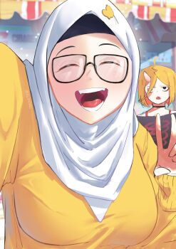 Rule 34 | 2girls, absurdres, alv4febrian, ayuu (alv4febrian), black-framed eyewear, blonde hair, closed eyes, glasses, highres, hijab, horns, looking at viewer, multiple girls, onie (alv4febrian), open mouth, original, selfie, single horn, skin-covered horns, sweater, teeth, upper body, v, white hijab, yellow sweater