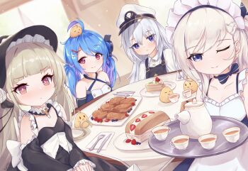 4girls azur_lane bonnet cake cup dress dutch_angle folded_napkin food fork fruit hat highres holding holding_tray knife kyl490 lena_(azur_lane) little_bel_(azur_lane) little_enterprise_(azur_lane) little_formidable_(azur_lane) looking_at_viewer maid maid_headdress manjuu_(azur_lane) multiple_girls one_eye_closed pastry sitting strawberry table tea_party teacup teapot tray
