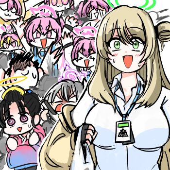 &gt;:( &gt;:) 1boy 6+girls :3 :d angry bag blonde_hair blue_archive blue_archive_2025_hack breasts chibi commentary_request constricted_pupils crowded doodle_sensei_(blue_archive) dress_shirt green_eyes green_halo gun halo head_wings holding holding_bag koyuki_(blue_archive) large_breasts long_hair multiple_girls multiple_persona necktie nonomi_(blue_archive) open_mouth pink_hair pink_halo plastic_bag rifle riseki sensei_(blue_archive) shaded_face shirt sig_mcx single_head_wing sketch smile surprised surrounded suzumi_(blue_archive) sweatdrop too_many twintails v-shaped_eyebrows weapon white_hair white_shirt wings