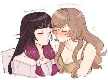 Rule 34 | 2girls, black hair, blush, breasts, brown hair, cleavage, closed eyes, closed mouth, collarbone, columbina (genshin impact), commentary, dashingicecream, english text, genshin impact, gradient hair, long hair, medium breasts, multicolored hair, multiple girls, off-shoulder sweater, off shoulder, pink sweater, puckered lips, purple hair, sandrone (genshin impact), simple background, sweat, sweater, trembling, untranslatable commentary, white background, yuri