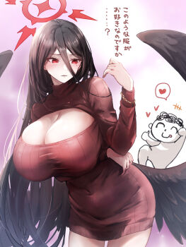 Rule 34 | 1girl, 1other, alternate costume, arm under breasts, black hair, black wings, blue archive, blush, breasts, cleavage, commentary request, covered navel, doodle sensei (blue archive), dress, feathered wings, hair between eyes, halo, hasumi (blue archive), heart, highres, huge breasts, komena (shinyday312), long hair, mole, mole under eye, open-chest sweater, red dress, red eyes, red halo, revision, ribbed sweater, sensei (blue archive), spoken heart, straight hair, sweater, sweater dress, translated, very long hair, wings