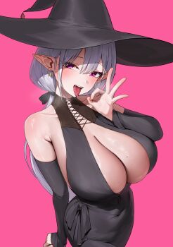 1girl absurdres bare_shoulders black_dress black_hat blush breasts chochomi cleavage detached_sleeves dress earrings fellatio_gesture female_pervert half-closed_eyes hand_up hat highres huge_breasts jewelry large_breasts large_hat long_hair long_sleeves looking_at_viewer mole mole_on_breast mole_under_eye no_bra open_mouth original pervert pink_background pointy_ears purple_eyes revealing_clothes saliva saliva_trail bad_tag shiny_skin simple_background smile solo steam steaming_body tilted_head tongue tongue_out white_hair witch_hat