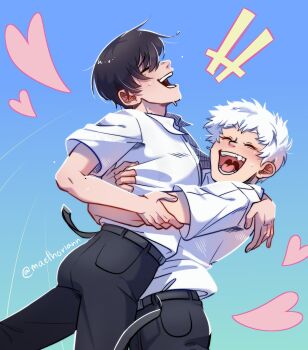 Rule 34 | 2boys, belt, black belt, black hair, black pants, blush, closed eyes, collared shirt, commentary, english commentary, fang, from side, happy, heart, highres, hikaru ga shinda natsu, hug, indou hikaru, maethoriann, male focus, mole, mole on neck, mole under eye, multiple boys, multiple moles, open mouth, outline, oversized belt, pants, shirt, shirt tucked in, short eyebrows, short hair, short sleeves, smile, teeth, tongue, tsujinaka yoshiki, twitter username, uvula, white hair, white outline, white shirt, yaoi