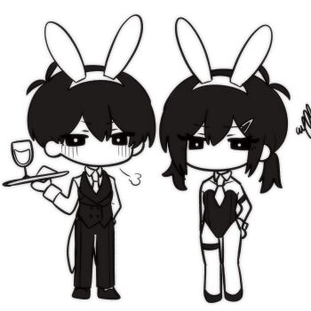 1boy 1girl alternate_costume animal_ear_hairband animal_ears annoyed antenna_hair bad_id bad_twitter_id bare_shoulders blush bright_pupils chibi chibi_only collarbone collared_shirt cup detached_collar double-parted_bangs drinking_glass dual_persona fake_animal_ears full_body genderswap genderswap_(mtf) greyscale hair_between_eyes hair_ornament hairband hairclip hand_in_pocket hand_on_own_hip high_contrast highres holding holding_plate inactive_account leotard long_sleeves looking_at_viewer low_twintails male_playboy_bunny medium_hair mizu_n1 monochrome necktie no_mouth omori pants plate playboy_bunny rabbit_ear_hairband rabbit_ears shirt shoes short_hair simple_background squiggle standing strapless strapless_leotard sunny_(omori) thigh_gap thigh_strap twintails very_short_hair vest white_background wine_glass wristband