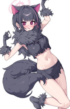 1girl @_@ animal_ears black_gloves black_hair blue_archive blush breasts cat_ears colored_inner_hair extra_ears gloves halo highres kazusa_(blue_archive) kazusa_(halloween)_(blue_archive) looking_at_viewer medium_breasts metaljelly midriff multicolored_hair navel official_alternate_costume open_mouth pink_eyes pink_hair pink_halo short_hair simple_background solo tail two-tone_hair white_background