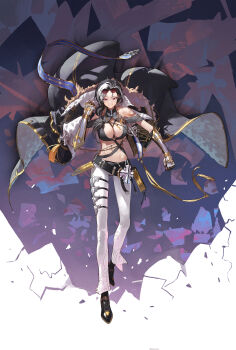 1girl absurdres bikini black_bikini black_coat black_hair black_shoes breasts cleavage coat dated_commentary eyewear_on_head full_body gauntlets highres large_breasts long_hair looking_at_viewer mac_star midriff multicolored_hair navel original pants red_eyes shoes smile solo sunglasses swimsuit two-tone_hair white_hair white_pants