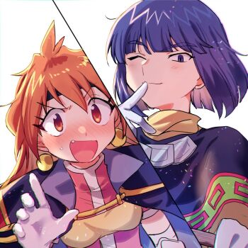 1boy 1girl black_cape blunt_bangs blush breasts cape capelet closed_mouth commentary_request earrings fang finger_to_mouth gloves jewelry lina_inverse long_hair one_eye_closed open_mouth orange_eyes orange_hair purple_capelet purple_eyes purple_hair red_shirt shirt short_hair simple_background slayers small_breasts smile split_screen sweatdrop upper_body white_background white_gloves xelloss xox_xxxxxx