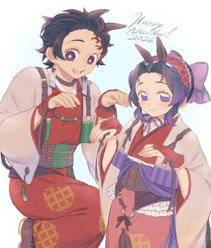 Rule 34 | 1girl, animal ears, breasts, bug, butterfly, couple, earrings, fingerless gloves, fox, fox ears, gloves, groom, hanafuda earrings, highres, insect, japanese clothes, jewelry, kamado tanjirou, kimetsu no yaiba, kimono, kitsune, kochou shinobu, original, pkhoahue, purple butterfly, scar, scar on face, scar on forehead, smile, updo, white kimono