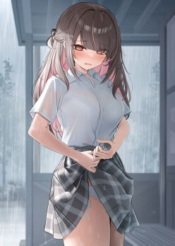 1girl black_hair black_skirt blush breasts collared_shirt colored_inner_hair commentary_request hair_ornament hairclip highres large_breasts long_hair looking_at_viewer monaka_curl multicolored_hair open_mouth original paid_reward_available panties pink_hair plaid_clothes plaid_skirt red_eyes shirt shirt_tucked_in short_sleeves side-tie_panties skirt solo two-tone_hair underwear wet wet_clothes white_panties white_shirt