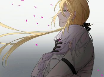 Rule 34 | 1boy, 1girl, bad id, bad lofter id, black gloves, blonde hair, bow, braid, cherry blossoms, collared shirt, dress, ear piercing, gloves, gradient background, grey background, hair bow, hair flowing over, honkai (series), honkai impact 3rd, hug, kallen kaslana, leaning forward, leaning on person, light particles, long hair, looking up, low ponytail, otto apocalypse, parted lips, piercing, ponytail, shirt, single braid, standing, white dress, white hair, white shirt, wind, zhaomuym