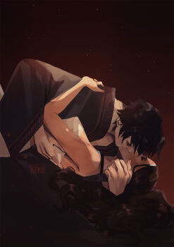 1boy 1girl artist_logo artist_name avatar:_the_last_airbender avatar_legends bare_shoulders black_hair boy_on_top brown_hair choker commentary couple elithien english_commentary from_side hair_rings hetero highres hug jewelry katara kiss logo long_hair long_sleeves lying necklace shirt short_hair simple_background upper_body wide_sleeves zuko