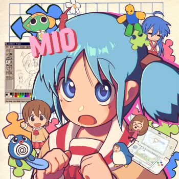 animal_costume azumanga_daiou blue_eyes blue_hair character_request chibi chibi_inset frog_boy gen_1_pokemon handheld_game_console highres izumi_konata jigsaw_puzzle keroro keroro_gunsou lucky_star mii_(nintendo) multiple_girls nichijou nintendo nintendo_3ds noob_(roblox) penguin_costume pikmin_(creature) pikmin_(series) pokemon pokemon_(creature) poliwag puzzle red_pikmin roblox school_uniform solo_focus sunnkyazawa