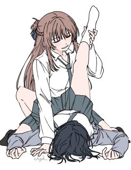 2girls a_jak between_legs black_hair breasts brown_hair closed_eyes collared_shirt grey_necktie grey_skirt hand_on_another's_foot highres long_hair medium_breasts miyagi_shiori multiple_girls necktie parted_lips pleated_skirt school_uniform sendai_hazuki shirt shuuniichido_classmate_wo_kau_hanashi simple_background skirt smile socks twitter_username white_background white_shirt white_socks yuri