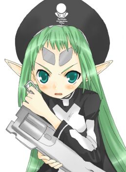 00s 1girl black_hat blush demonbane dress elf elsa facial_mark female_focus forehead_mark green_eyes green_hair gun hat holding holding_weapon long_hair long_sleeves looking_at_viewer lowres matching_hair/eyes open_mouth pointy_ears simple_background solo upper_body weapon white_background