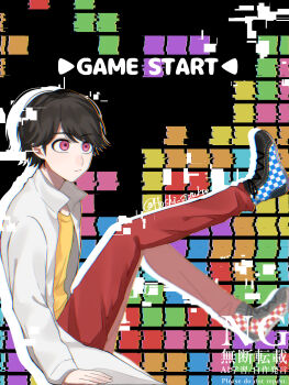 Rule 34 | 1boy, absurdres, black background, brown hair, checkered shoes, commentary request, crossover, english text, glitch, highres, hoshi no shizuku, houjou emu, kamen rider, kamen rider ex-aid (series), lab coat, looking up, male focus, mismatched shoes, pants, pink eyes, red pants, shirt, shoes, short hair, sitting, sneakers, solo, tetris, tokusatsu, yellow shirt