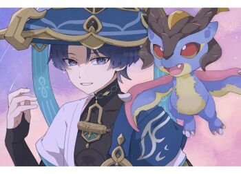 1boy black_bodysuit black_bridal_gauntlets blue_cape blue_hat blue_sleeves blunt_ends bodysuit border bridal_gauntlets bright_pupils cape commentary_request covered_collarbone dragon eyeliner eyeshadow genshin_impact gold grin hand_up hat highres japanese_clothes jingasa kimono layered_sleeves letterboxed looking_at_viewer looking_past_viewer makeup male_focus mandarin_collar mini_durin_(dragon)_(genshin_impact) mini_durin_(genshin_impact) open_clothes open_hand open_kimono pink_clouds purple_eyes purple_hair purple_sky red_eyeliner red_eyeshadow scaramouche_(genshin_impact) shooting_star short_sleeves shoulder_peek sky small_dragon smile star_(sky) starry_sky teeth tsurime twitter_username usausa9170 wanderer_(genshin_impact) white_border white_kimono white_pupils white_sleeves white_trim