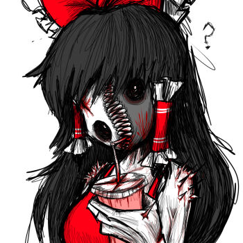 1girl ? back_spikes blood blood_on_face blood_on_teeth body_horror bow bright_pupils cup cuts drinking drinking_straw drinking_straw_in_mouth frilled_bow frilled_hair_tubes frills hair_tubes hakurei_reimu hashtag-only_commentary herushiart holding holding_cup hollow_eyes injury long_hair red_bow red_shirt sharp_teeth shirt simple_background solo spines teeth touhou touhou_igyoukyo upper_body variant_reimu vertical_mouth white_background yin_yang