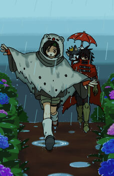 1boy 1girl armored_boots black_hair black_pants blue_flower boots cait_sith_(final_fantasy) cape cat cloak crown final_fantasy final_fantasy_vii final_fantasy_vii_rebirth final_fantasy_vii_remake fingerless_gloves flower full_body gloves headband holding holding_umbrella hood hooded_cloak long_hair mini_crown moogle outdoors outstretched_arms pants pink_flower rain red_cape red_cloak s_m_man short_hair shorts socks spiked_hair umbrella vincent_valentine walking water white_socks yuffie_kisaragi