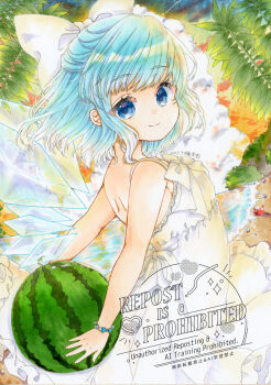 1girl bare_arms bare_shoulders blue_eyes blue_hair bow bracelet cirno closed_mouth commentary_request cowboy_shot dress food fruit hair_bow holding holding_food jewelry leaf looking_at_viewer marker_(medium) short_hair sleeveless sleeveless_dress smile solo touhou traditional_media watermark watermelon white_bow white_dress zenra1112
