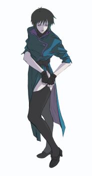 1girl absurdres aizheajsee black_gloves black_hair black_thighhighs closed_eyes coat fingerless_gloves full_body ghost_in_the_shell gloves highres kusanagi_motoko medium_hair short_sleeves solo thighhighs white_background
