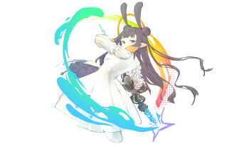 1girl blue_eyes blunt_bangs crinoline cropped_legs double_bun dress dress_flower floating_hair flower from_side gauntlets hair_bun hair_ornament halo highres holding holding_weapon hololive hololive_english long_hair looking_at_viewer ninomae_ina'nis ninomae_ina'nis_(ina_the_hero) orange_hair pointy_ears purple_hair rainbow_gradient simple_background single_gauntlet solo takodachi_(ninomae_ina'nis) tentacle_hair traditional_halo very_long_hair virtual_youtuber wa7aru weapon white_background white_dress