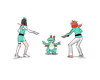 1boy 1girl 1other artist_request bare_shoulders black_gloves black_hair breasts brown_hair cowboy_shot digimon digimon_(creature) digimon_story:_time_stranger dracomon dragon dress elbow_gloves full_body gloves goggles goggles_on_head green_dress green_jacket highres jacket looking_at_another marvel meme pointing pointing_at_another pointing_spider-man red_scarf scarf short_hair spider-man_(series) two-tone_dress v white_background white_dress white_gloves wings yuuki_dan yuuki_kanan