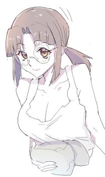 Rule 34 | breasts, brown eyes, brown hair, cleavage, commentary, crop top, english commentary, field cap, fio germi, glasses, hat, highres, holding, holding unworn clothes, holding unworn hat, madsensei, metal slug, military, ponytail, round eyewear, smile, unworn hat, unworn headwear, white background