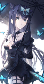 Rule 34 | 1girl, absurdres, arcaea, black dress, black gloves, black hair, black umbrella, blue bow, blue butterfly, bow, breasts, bug, butterfly, commentary request, cone hair bun, cowboy shot, crossed bangs, dress, gloves, grey eyes, hair bow, hair bun, hair intakes, highres, holding, holding umbrella, insect, light particles, long hair, long sleeves, looking at viewer, short dress, sidelocks, small breasts, solo, standing, tairitsu (arcaea), tairitsu (tempest) (arcaea), tsukune ekaki, umbrella, very long hair