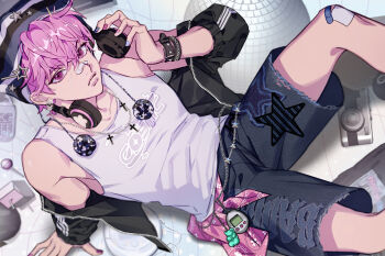 1boy bamby_(plave) bandage_on_knee bandaid bandaid_on_face bandaid_on_knee bandaid_on_leg bandaid_on_nose beanie black_jacket chain chain_necklace closed_mouth commentary cross cross_necklace freckles from_above hair_between_eyes hat hat_ornament headphones headphones_around_neck highres jacket jewelry k-pop korean_commentary looking_at_viewer lying male_focus multicolored_nails necklace on_back open_clothes open_jacket pink_eyes pink_hair plave pom_pom_(clothes) pom_pom_beanie print_tank_top rjduf666 short_hair shorts solo star_(symbol) star_hat_ornament tamagotchi_(virtual_pet) tank_top virtual_pet_(toy) white_tank_top wrist_belt y2k_fashion