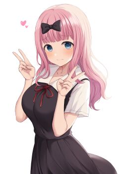 1girl 3: absurdres awkward backlighting black_bow black_dress blue_eyes blunt_bangs blush bow breasts closed_mouth collarbone collared_dress commentary cowboy_shot double_v dress fujiwara_chika hair_bow hands_up heart highres kaguya-sama_wa_kokurasetai_~tensai-tachi_no_renai_zunousen~ large_breasts long_hair looking_at_viewer neck_ribbon norazura pink_hair pleated_dress red_ribbon ribbon school_uniform short_sleeves shuuchiin_academy_school_uniform simple_background smile solo spoken_heart summer_uniform v white_background