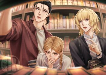 Rule 34 | 1girl, 2boys, alternate costume, alternate hairstyle, artist logo, badeni, black hair, black jacket, blonde hair, blush, book, bookshelf, braid, braided ponytail, brown hair, brown shirt, chi.: chikyuu no undou ni tsuite, commentary request, contemporary, hand to own mouth, height difference, high ponytail, highres, holding, holding book, iorbtyn, jacket, jolenta, library, logo, looking at another, multiple boys, oczy, open clothes, open shirt, pointing, ponytail, scar, scar on face, scar on lip, scar on mouth, scar on nose, shirt, single braid, standing, tonsure, unbuttoned, watch, white shirt, wristwatch