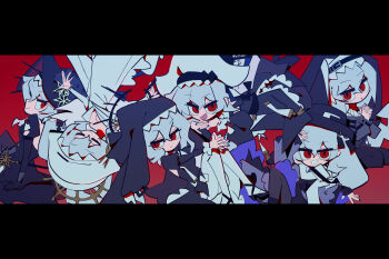 6+girls arknights backless_dress backless_outfit black_background black_dress black_hat black_nails blue_dress closed_eyes commentary dress english_commentary feet_out_of_frame frown hat highres knees_up letterboxed long_hair long_sleeves looking_at_viewer multiple_girls multiple_persona nail_polish official_alternate_costume open_mouth own_hands_clasped own_hands_together puffy_sleeves red_background red_eyes sharp_teeth smile specter_(arknights) specter_(undercurrent)_(arknights) specter_the_unchained_(arknights) specter_the_unchained_(born_as_one)_(arknights) teeth white_hair wimple xity