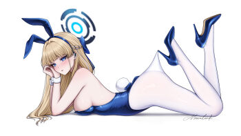 1girl absurdres animal_ears blonde_hair blue_archive blue_eyes blue_hair blue_halo blue_leotard breasts fake_animal_ears fake_tail from_side full_body halo highres lace_pantyhose_hooked_on_heel_(meme) large_breasts leotard long_hair lying meme moovalandi multicolored_hair on_stomach panties playboy_bunny rabbit_ears rabbit_tail simple_background solo strapless strapless_leotard streaked_hair tail toki_(blue_archive) toki_(bunny)_(blue_archive) two-tone_hair underwear white_background white_panties