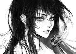 Rule 34 | 1girl, absurdres, ado (utaite), artist name, chando (ado), cloud nine inc, commentary, english commentary, ericathw, flower, greyscale, highres, long hair, looking at viewer, messy hair, mole, mole under eye, monochrome, parted lips, portrait, rose, solo, utaite