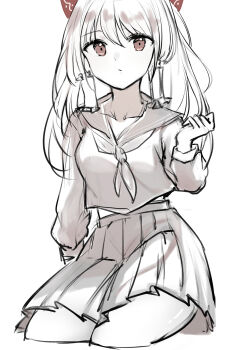 1girl alternate_costume bow brown_eyes closed_mouth commentary cropped_legs frilled_hair_tubes frills hair_bow hair_tubes hakurei_reimu highres long_hair long_sleeves looking_at_viewer monochrome neckerchief pleated_skirt red_bow sailor_collar sailor_shirt school_uniform shirt skirt solo touhou yolandabaka