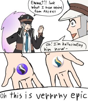 2boys armband black_coat black_hat blue_armband blue_necktie brothers coat collared_shirt commentary emmet_(pokemon) english_commentary english_text gloves grey_eyes grey_hair hat high_collar highres ingo_(pokemon) mega_stone multiple_boys necktie nintendo peaked_cap pokemon pokemon_bw portal_(object) sea_skull shirt short_hair siblings sidelocks smile torn_clothes torn_coat twins white_coat white_gloves white_hat white_shirt